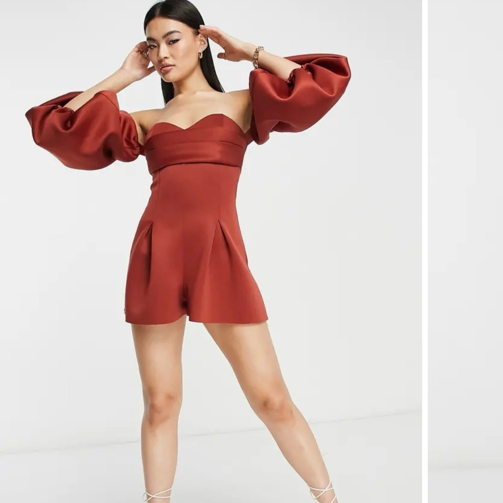 ASOS Design Sweetheart Off the Shoulder Puff Sleeve Romper